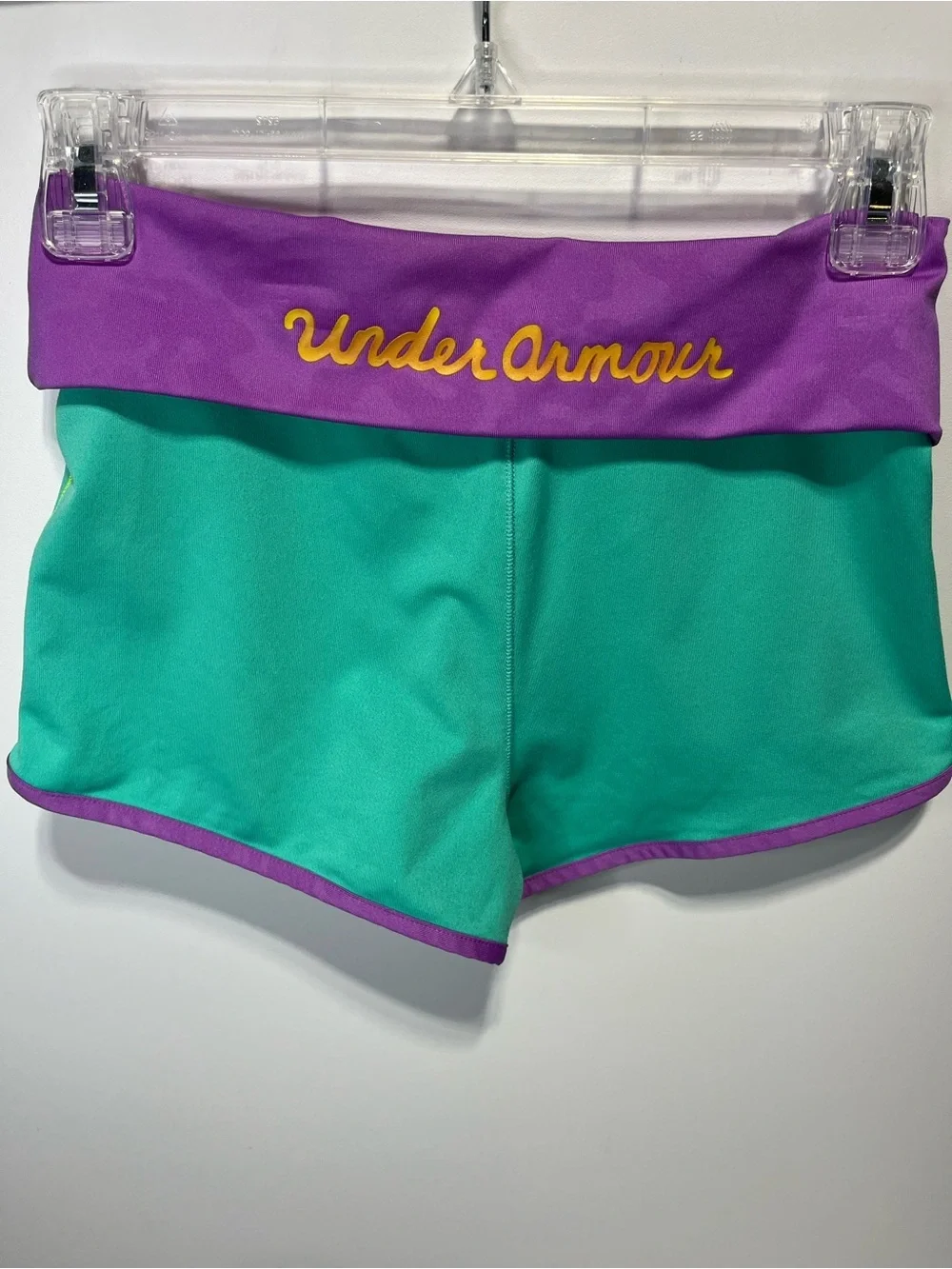 Under Armour Girl's Medium Teal Shorts + Purple Foldover Waist Yellow Logo